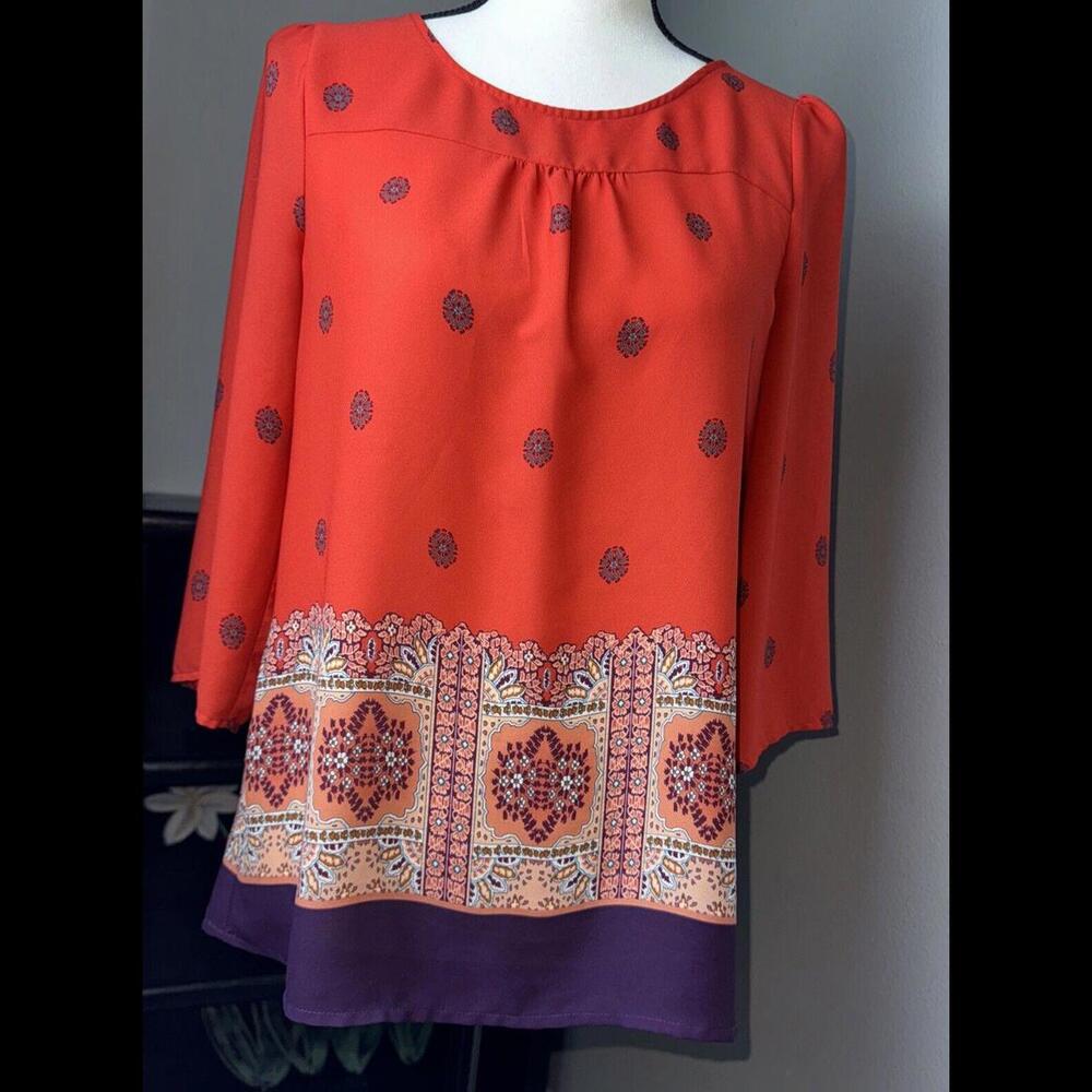 Maeve Anthropologie Dark Orange Border Hem Blouse Top 6 EUC Amazing!